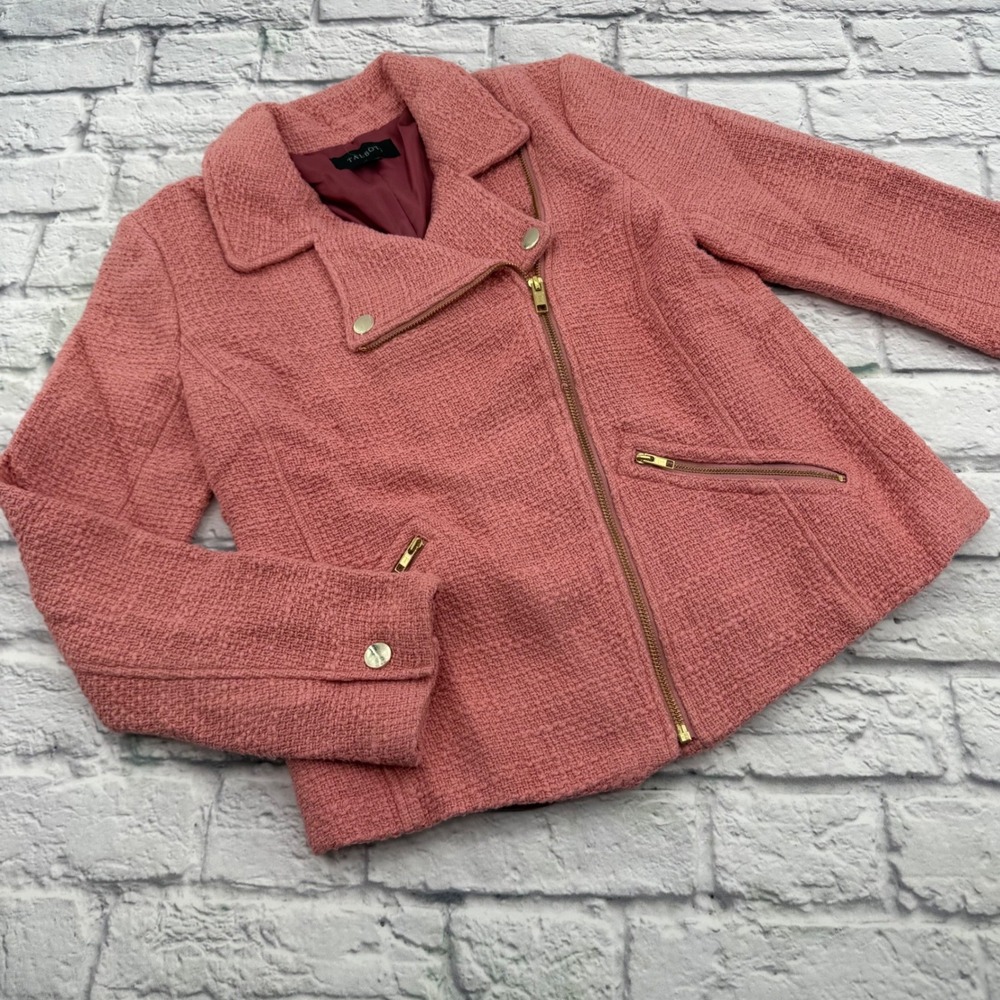 Talbots Womens Pink Tweed Moto Blazer Jacket Size 4 Business Casual Zip Up